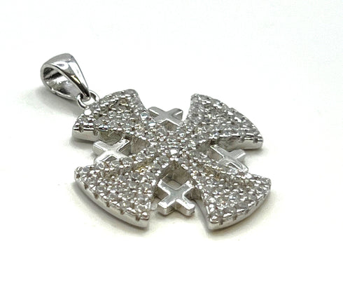Sterling Silver Pave Stone Jerusalem Cross Pendant